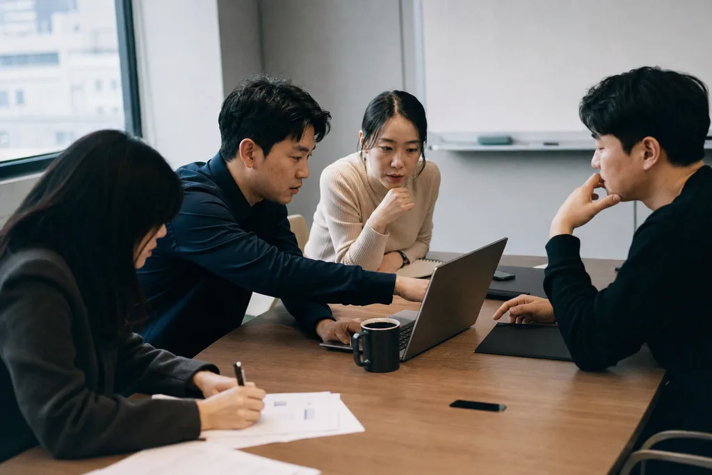 회의실에서 노트북을 함께 보며 논의하는 네 명의 동료